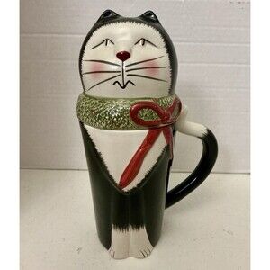 Vintage Oneida Christmas Cats Fiddlestix Lidded Latte Mug 16 Oz Figural